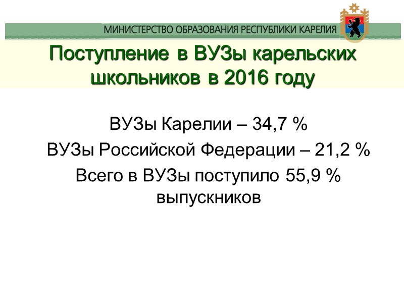 Поступление в ВУЗы карельских школьников в 2016 году ВУЗы Карелии – 34,7 % ВУЗы
